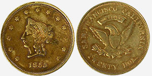 Private gold $20 piece California, 1855