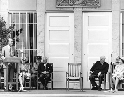 From left: HRH The Duke of Edinburgh opening the Royal Australian Mint on 22 February 1965, with Treasurer Harold Holt and Prime Minister Robert Menzies. Royal Australian Mint