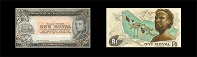 In the three months in 1963 when the 'Royal' looked like becoming Australia's new currency, the Reserve Bank produced a variety of designs for the notes. The example at left shows explorer Matthew Flinders and is similar in design to pre-decimal notes
