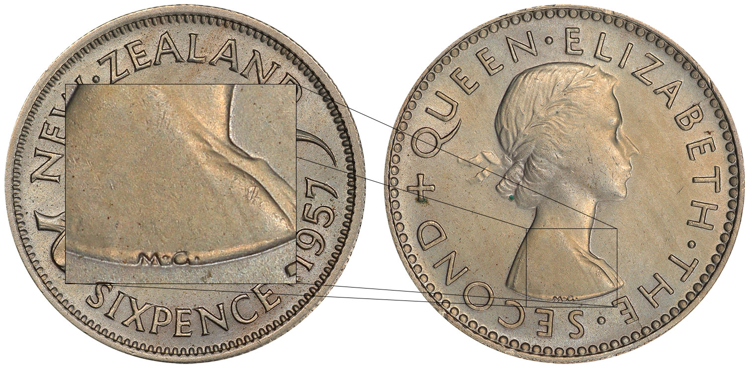 No strap sixpence 1957 - New Zealand coin