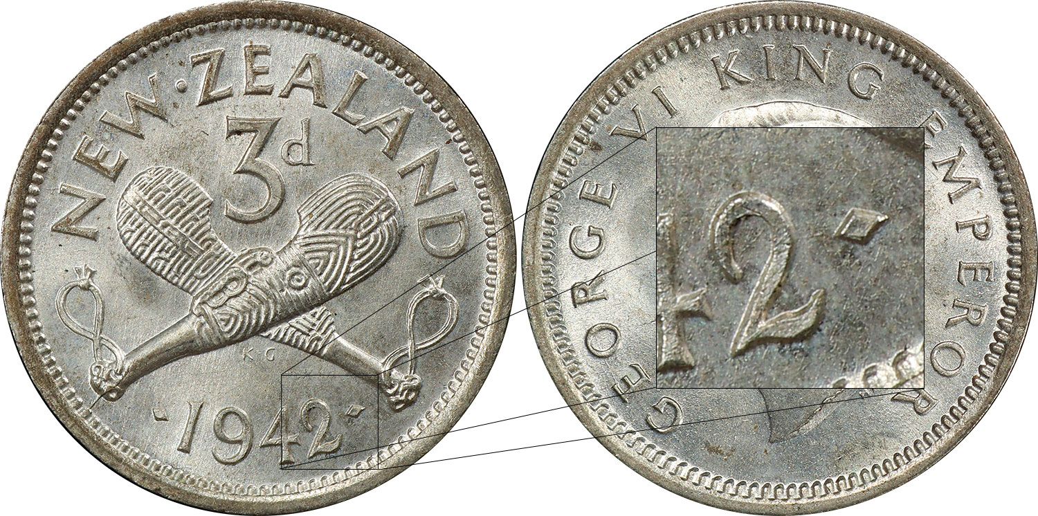 2 dots (regular) threepence 1942 - New Zealand coin