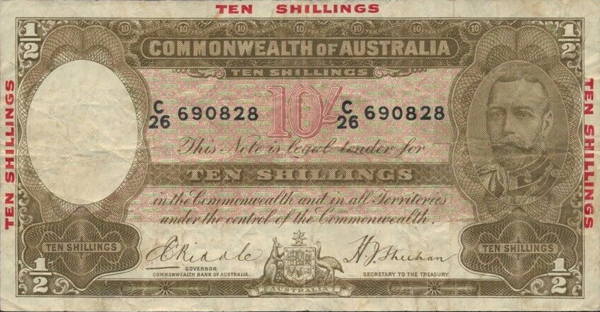 Australian banknote - 10 shillings 1934 - Red overprint