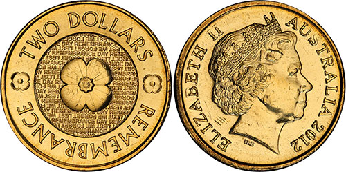 2 dollars 2012 Remembrance Australian Coin